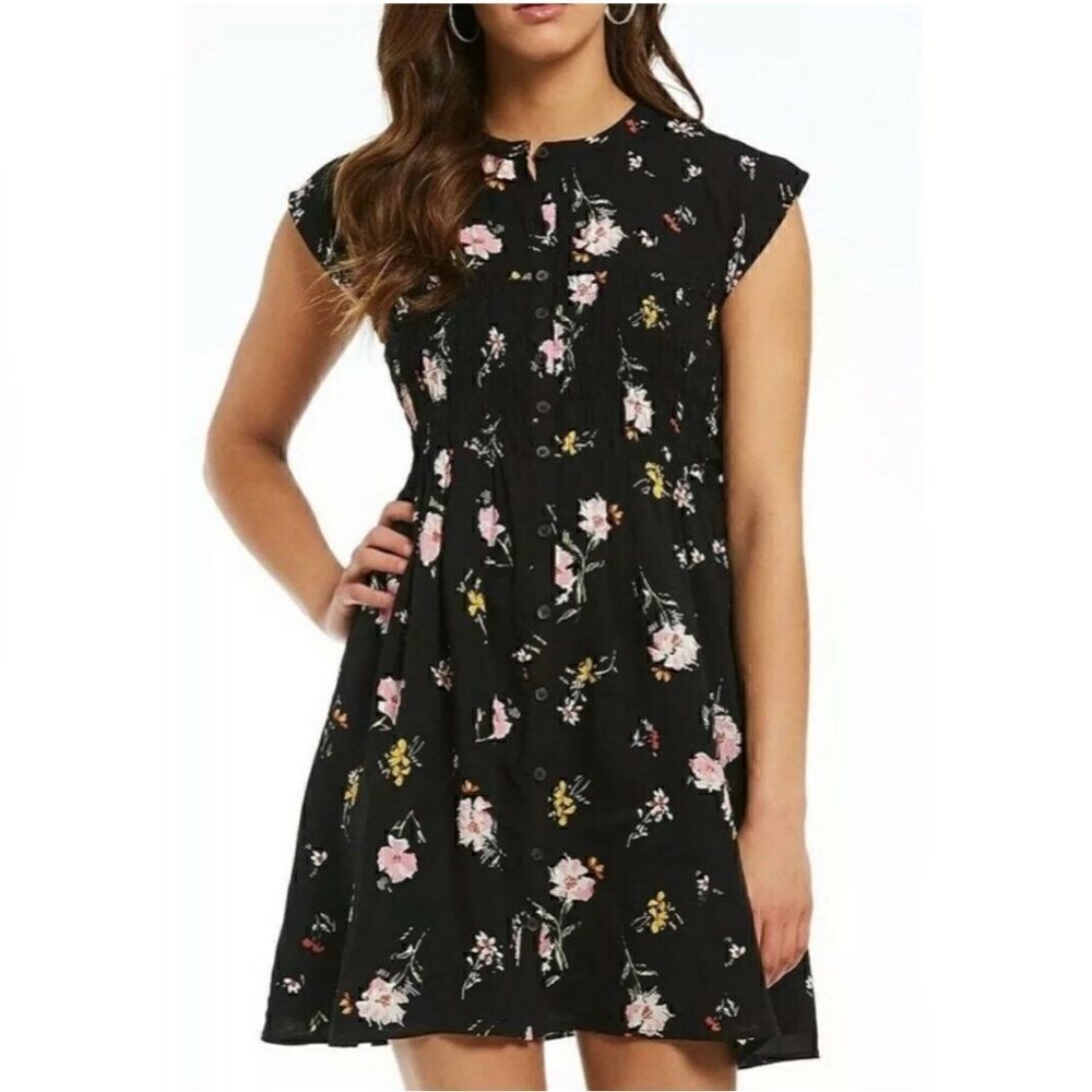Free People Dress Black Floral Shired Button Front Dress Size XS